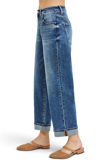 SaltTree Risen Jeans high-rise barrel leg jeans in light indigo denim with a thick turn-up cuffed ankle hem