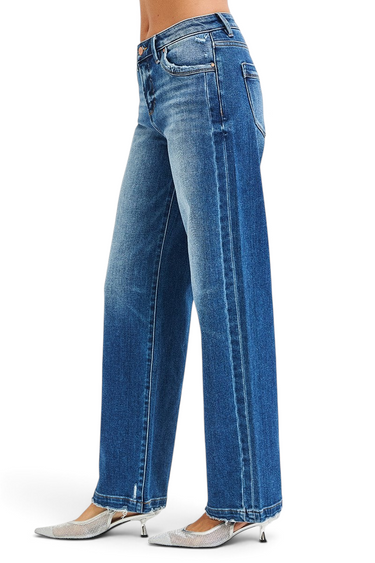 SaltTree Risen Jeans high rise slouchy baggy jeans in dark indigo wash with vertical front seam and raw hem