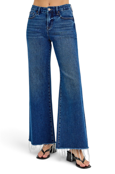SaltTree Risen Jeans dark wash high rise wide leg jeans with tummy control and frayed raw hem