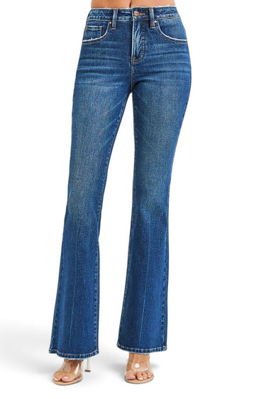 SaltTree Risen Jeans high-rise flare denim in deep indigo with tummy control panel and 33-inch extra long inseam.