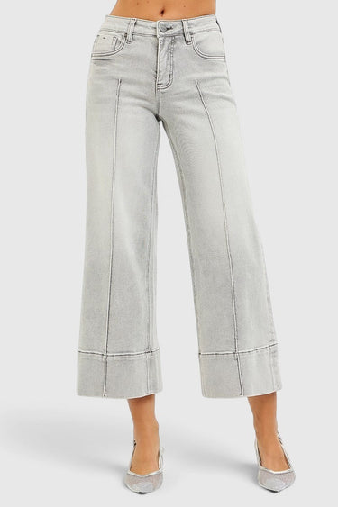 SaltTree Risen Jeans light grey wide leg cropped denim with pintuck front detail and tummy control waistband