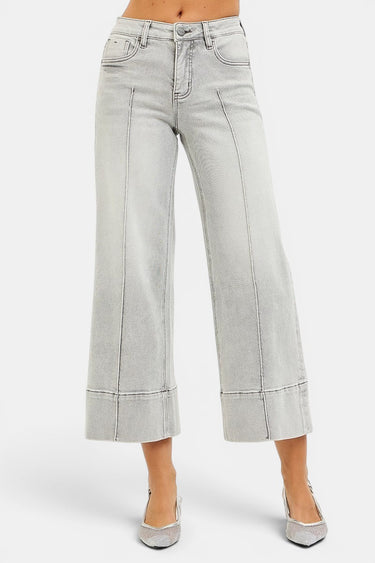 SaltTree Risen Jeans light grey wide leg cropped denim with tummy control waistband and front pintuck detail.