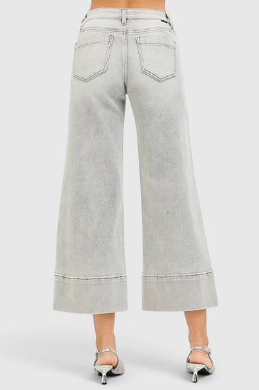 SaltTree Risen Jeans light grey wide leg cropped denim with back pockets and pintuck detail on a model