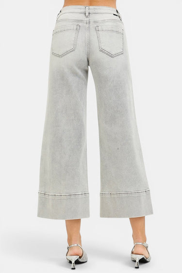 Back view of SaltTree Risen Jeans light grey wide leg cropped denim with pintuck detail and tummy control waistband.