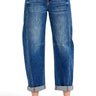 SaltTree Risen Jeans high-rise medium indigo barrel jeans with curved side seams, knee darting, and cuffed hems.