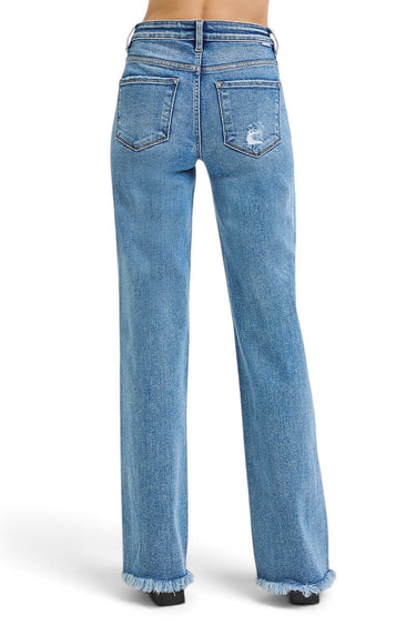 SaltTree Risen Jeans medium wash high rise long straight leg denim with frayed raw hem and back pocket distressing