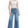 SaltTree model wearing Risen Jeans wide leg cropped denim with pintuck front detail and tummy control waistband.
