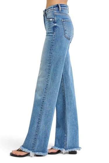 SaltTree Risen Jeans high rise straight leg denim in medium wash with tummy control and frayed raw hem side view