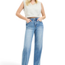 SaltTree model wearing Risen Jeans high rise wide baggy jeans in medium wash with a clean hem and tummy control.