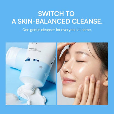 SaltTree Round Lab 1025 Dokdo Cleanser with creamy foam texture and a woman applying it to her glowing skin