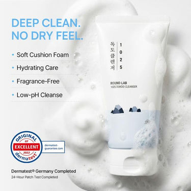 SaltTree Round Lab 1025 Dokdo Cleanser in a white tube with soft foam, featuring deep sea water and low-pH formula.