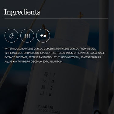 SaltTree Round Lab 1025 Dokdo Toner bottle showing ingredient list and icons for hydration and gentle exfoliation