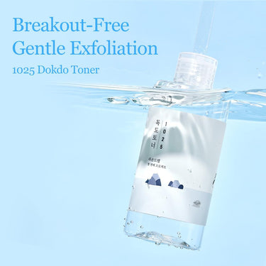 SaltTree Round Lab 1025 Dokdo Toner bottle submerged in clear water for gentle enzyme exfoliation