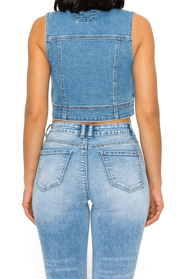 SaltTree Wax Jean medium blue cropped boxy denim vest worn by a model, back view showing structured cotton fabric.