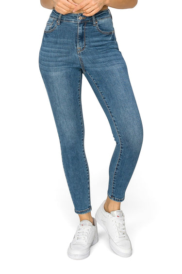 SaltTree Wax Jean high-rise skinny denim pants in medium blue with a 27-inch inseam and high-stretch fit