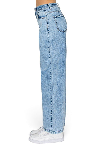 SaltTree Wax Jean mid-rise straight-leg jeans in a light blue snow wash denim, side view on a model