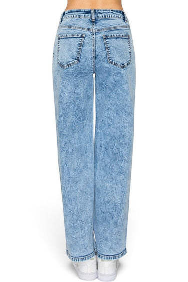 SaltTree Wax Jean snow wash straight leg jeans in light blue denim with a mid-rise back view