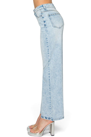 SaltTree Wax Jean mid-rise wide leg jeans in medium blue snow wash denim with a classic 5-pocket design