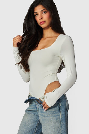 SaltTree Love Poem white long sleeve scoop neck bodysuit in double-layer smoothing fabric worn by a model.