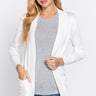 SaltTree white open front cardigan with rib banded trim, long sleeves, and front pockets worn by a blonde model.