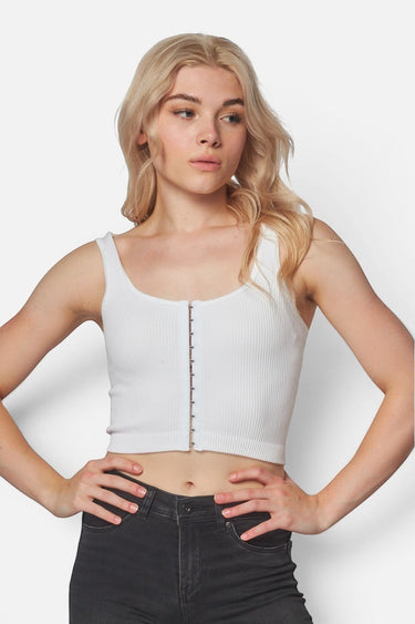 SaltTree Love Poem white seamless ribbed cropped tank top with square neckline and hook-and-eye front closure