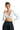 SaltTree model wearing a white ribbed long sleeve crop top with a deep V-neckline and front clasp detail