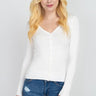 SaltTree model wearing a white Active Basic V-neck button-front cardigan in a soft viscose-nylon stretch blend.
