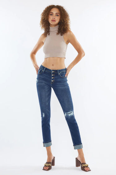 Kancan - USA Women's Dark Wash Five Pocket Button Fly Mid Rise Denim (30" Inseam) - KC8599-SaltTree