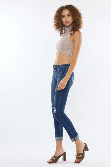 Kancan - USA Women's Dark Wash Five Pocket Button Fly Mid Rise Denim (30" Inseam) - KC8599-SaltTree