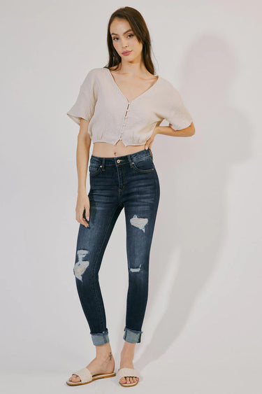 Kancan - Women's High Rise Distressed Cuffed Ankle Skinny Jeans - KC7299-SaltTree